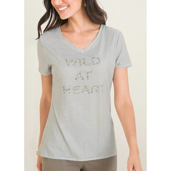 NWT Chico's Zenergy Wild At Heart Olive White Stripe V-Neck Tee  1 - Picture 13 of 13